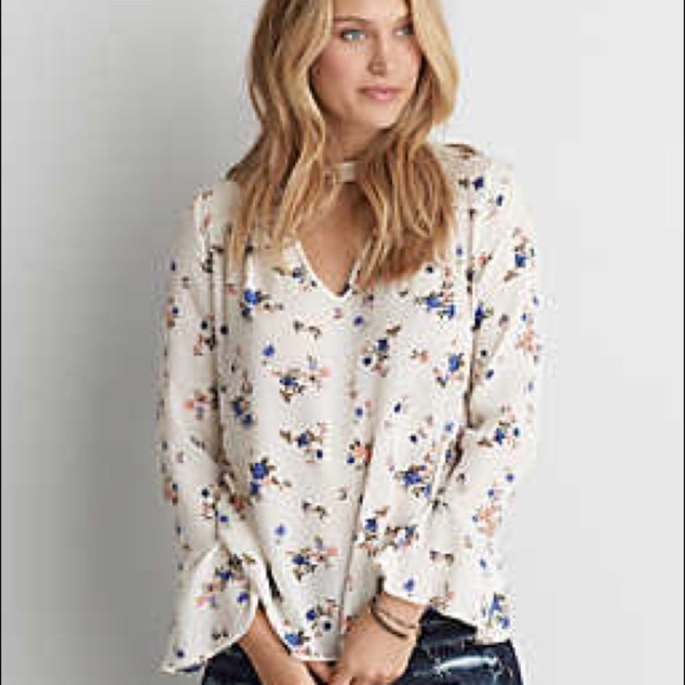 AE Floral Choker Top With Bell Sleeves